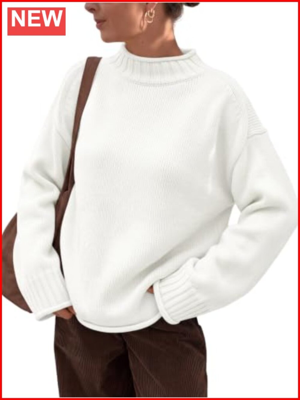 Oversized Mock Neck Sweater Cotton Blend Pullover Fall Knit